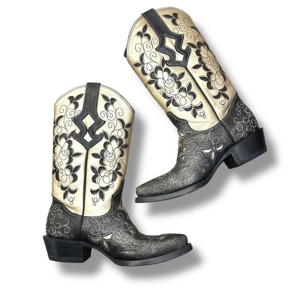 J.B. Dillon Calf Pointed Toe Black Gold Cowhide Leather Western Cowboy Boots 7.5 - Picture 1 of 10